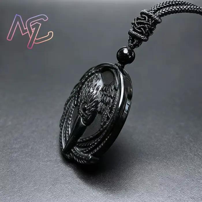 Collier pendentif corbeau en obsidienne véritable