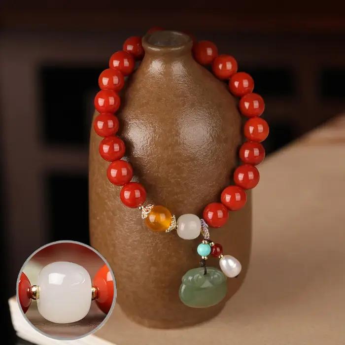 Agate attirant la richesse cercle perle naturel sud rouge Bracelet avec ambre vert pin rond