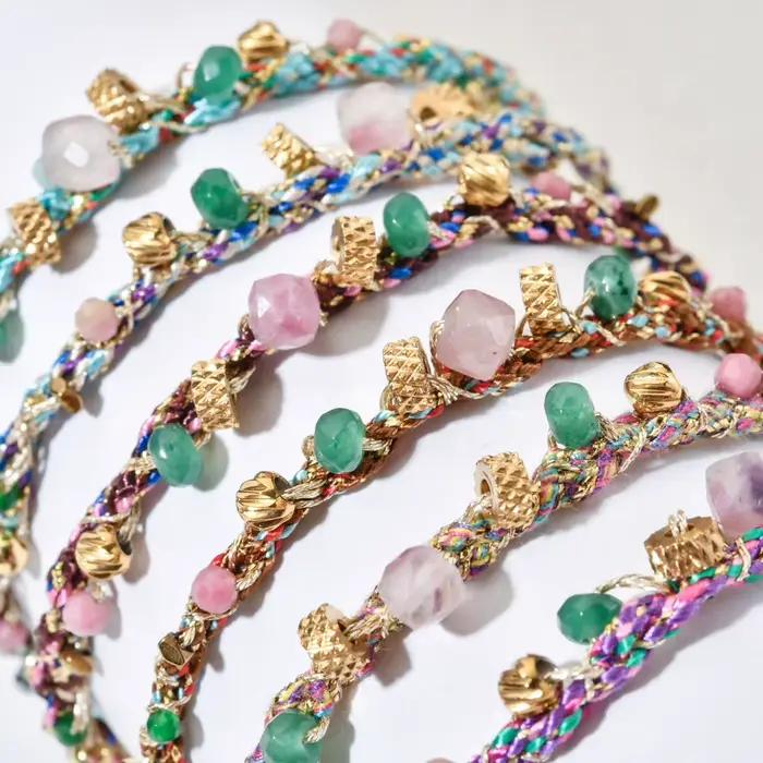 Bracelet en corde tressée colorée mélangée en pierre Boho de style français, perles en acier inoxydable plaqué or 18 carats, réglable, bijoux