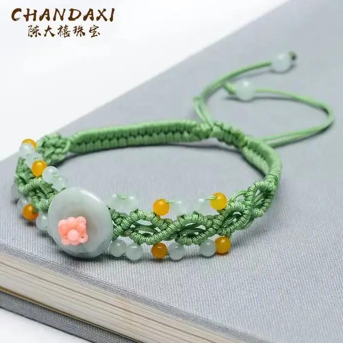 Bracelet Tressé Fait Main Femme Style Chinois Tendance 2026 Perles Cristal Boucle Paix Jade Birman Naturel Occasions Spéciales