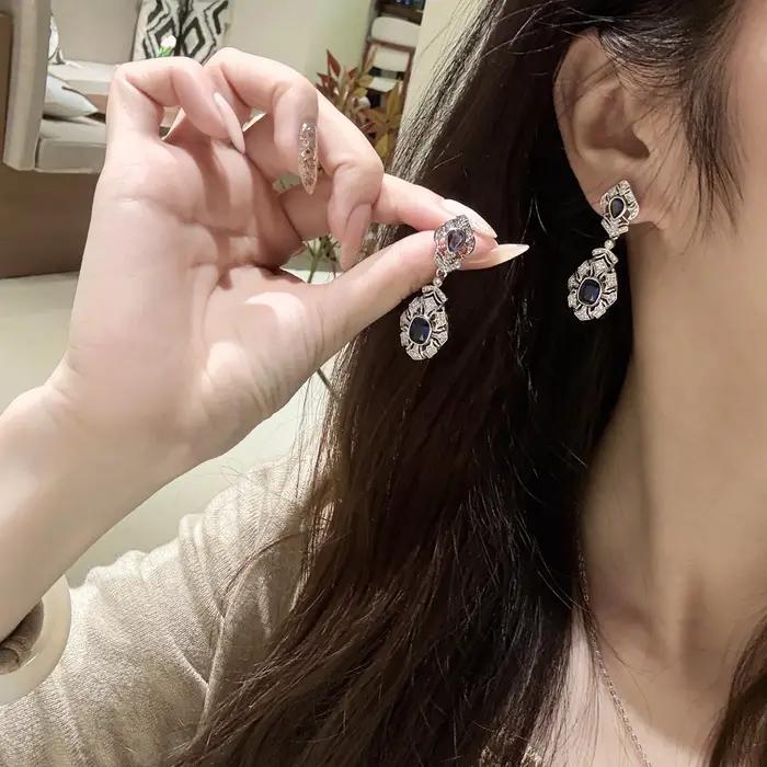 Boucles d'oreilles vintage à pampilles avec pierres précieuses bleues pour femmes