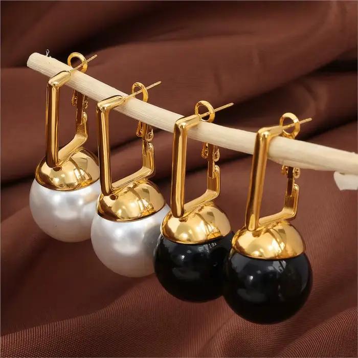 Boucles d'oreilles pendantes en perles noires pour femmes, en acier inoxydable plaqué or, Imitation de perles, bijoux de luxe pour femmes