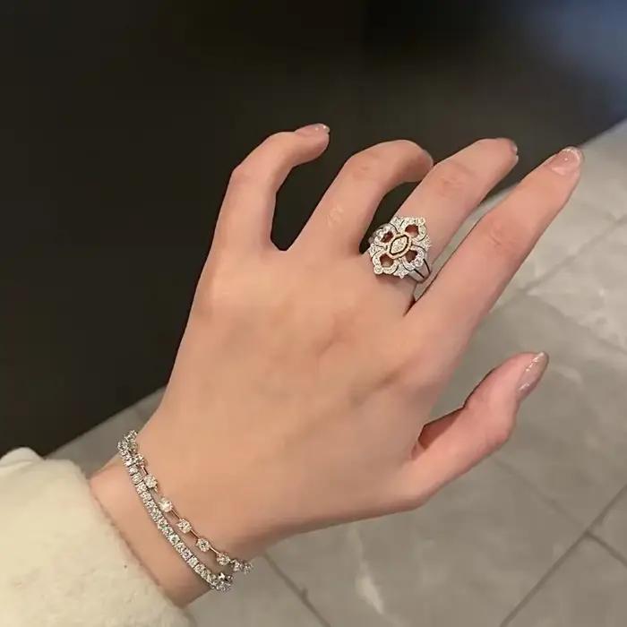 Bague de fiançailles florale en argent 925, unique et belle, en dentelle évidée, exquise, deux tons, bijoux fins