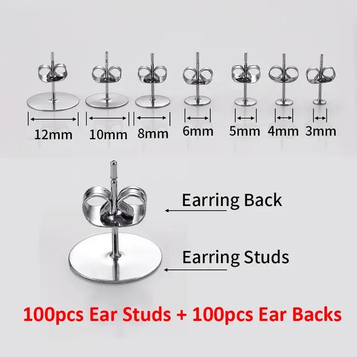 Lot de 100 boucles d'oreilles en acier inoxydable, couleur or, Base de 3 à 10mm avec prise arrière,
