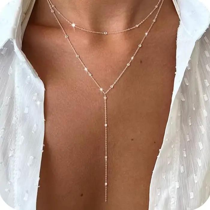 Collier long délicat plaqué or 14 carats avec pendentif Y couches de perles cz bijou acier inoxydable pour femmes occasions spéciales