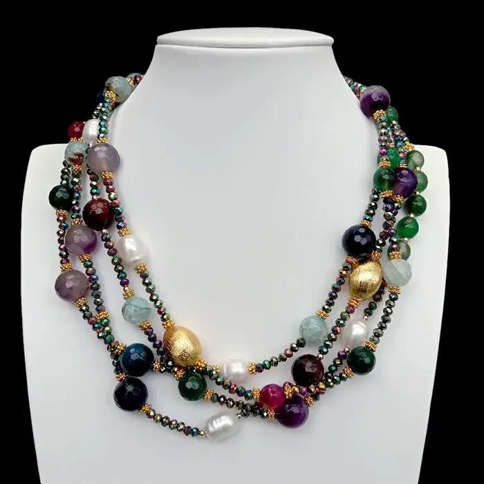 Y · YING – collier en Agate multicolore pour femmes, 4 brins de perles de culture blanches, ras du cou, bijoux de fête