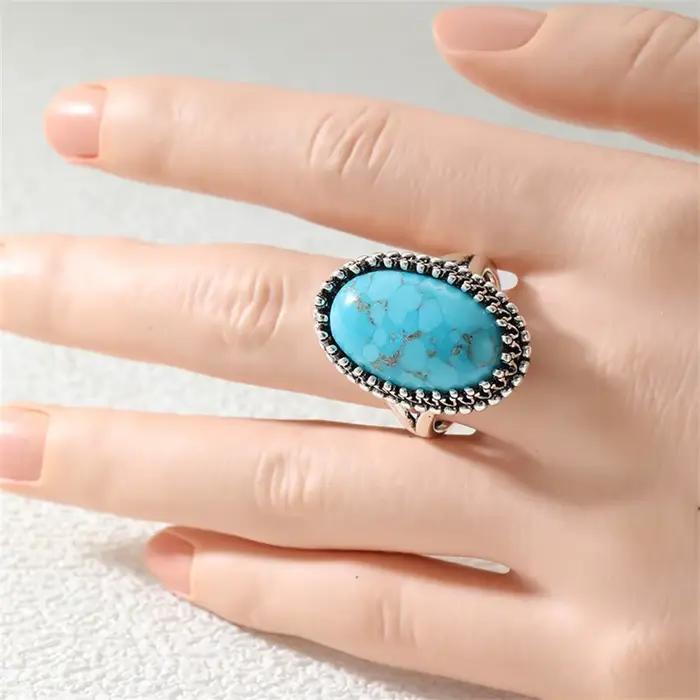 Bague Bohème pour Femme en Imitation Turquoise Incrustée, Bijou Géométrique Argenté Ethnique pour Usage Quotidien, Fête, Cadeau d'Anniversaire
