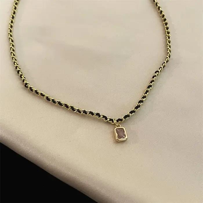 Collier vintage en zircon carré tressé noir et or luxueux, chaîne de clavicule tendance, accessoire
