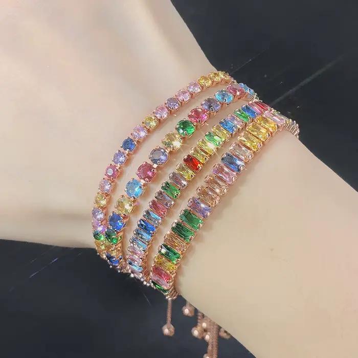 Bracelets de Tennis multicolores réglables pour femmes, bijoux de mariage arc-en-ciel, breloque en Zircon coloré, chaîne à main, DZH043