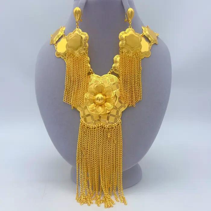 Parure de bijoux de luxe indienne avec long collier à pampilles et boucles d'oreilles pour femme, couleur or 24 carats, style éthiopien et Dubaï, idéale pour mariages, banquets et fêtes, cadeaux