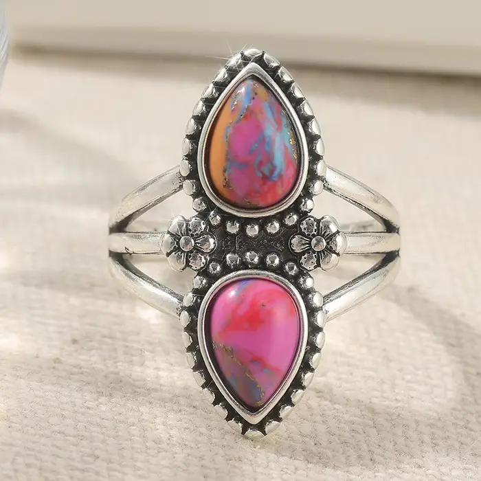 Bague en turquoise synthétique en forme de goutte d'eau de style bohème pour femme, bijoux vintage exquis pour banquets et vacances, accessoires artisanaux