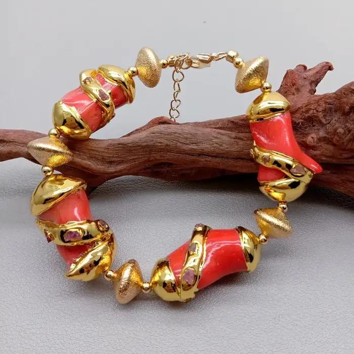 yygem Bracelet pépite plaquée or corail orange