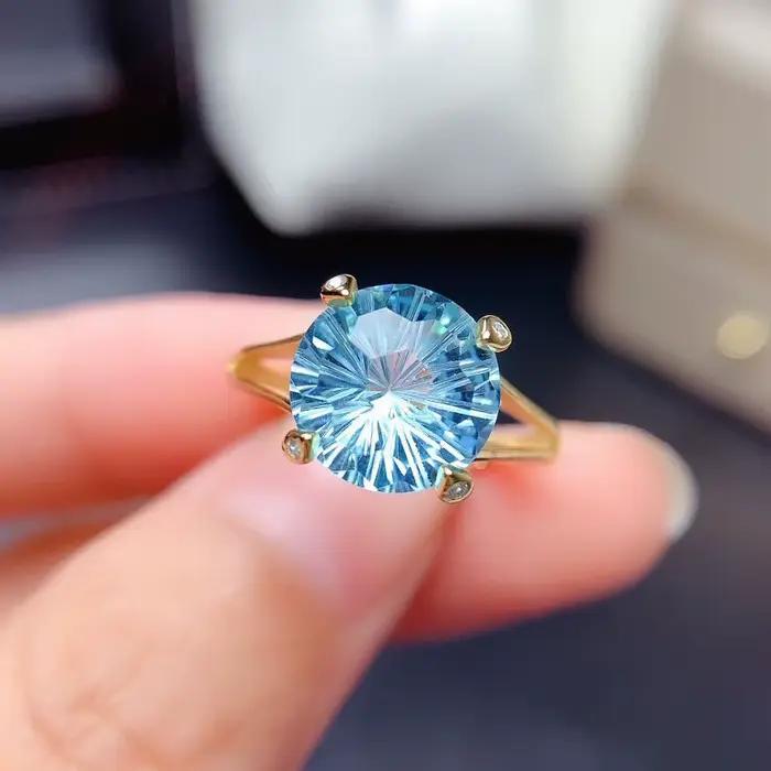 Bague en or 14 carats aigue-marine de laboratoire bleue pour femmes style classique occasions spéciales
