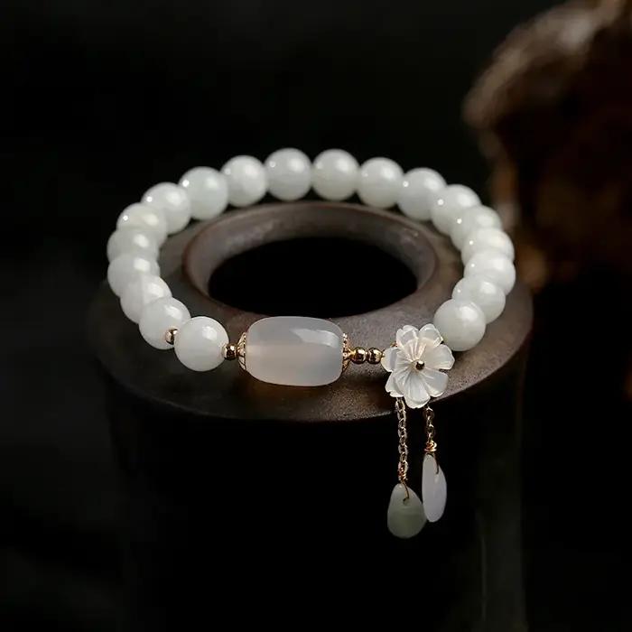 Bracelet de perles d'agate émeraude de Jade naturel, bijoux de charme réglable, pendentif de fleur d