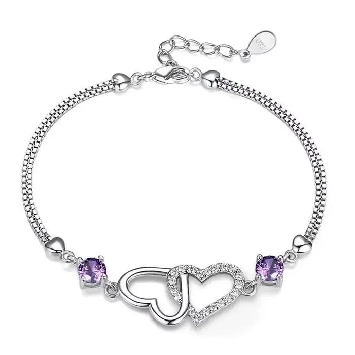 Bracelet en argent Sterling S925 incrusté d'améthyste orné de Zircon en forme de cœur pour femmes