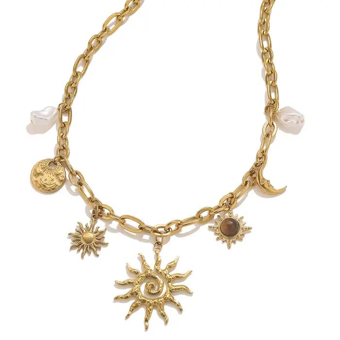Jolivie – collier Vintage en acier inoxydable avec pendentif soleil en pierre naturelle pour femmes