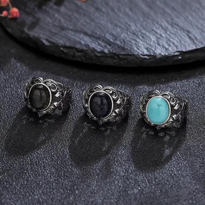 Bague vintage en lapis-lazuli plaquée argent 925 avec pierre semi-précieuse pour homme et femme, style bohème gothique, alliance de mariage, bijou de cocktail pour cérémonies et occasions spéciales
