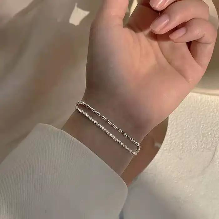 Bracelet double couche en argent Sterling 925 à perles blanches et motif géométrique pour femme