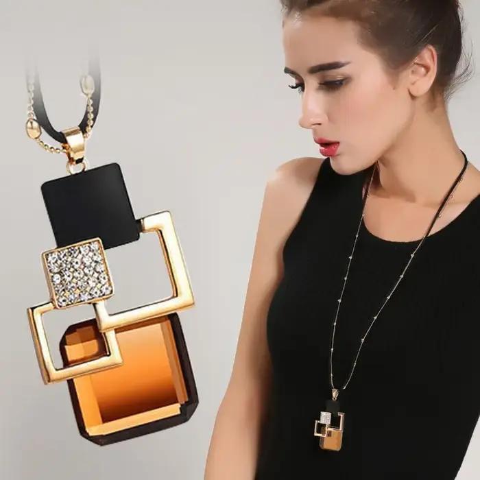 Mode femmes Collier Femme cristal gris bleu couleur géométrique déclaration Colar longs colliers et pendentifs pour