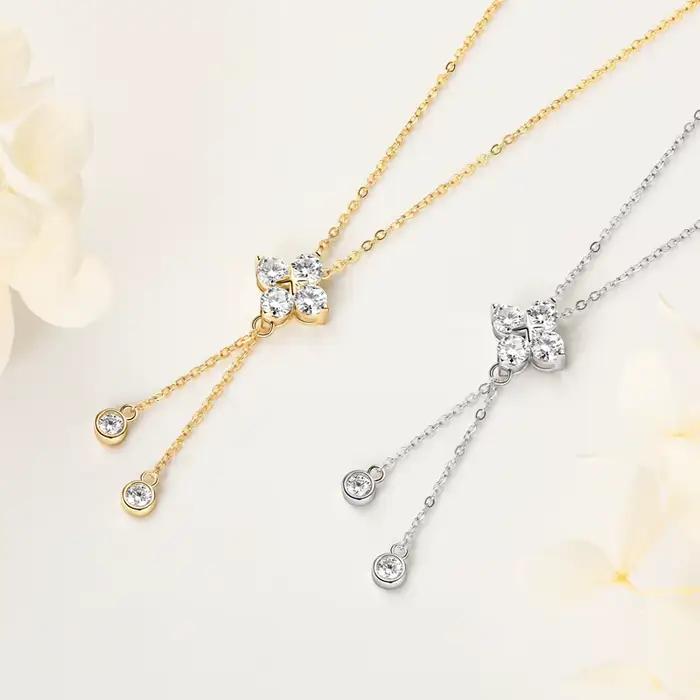 Collier pendentif fleur trèfle à quatre feuilles en moissanite D1.40CT, en argent 925 véritable à 100 %, avec longue pampille, pour femme, bijou de charme, cadeau