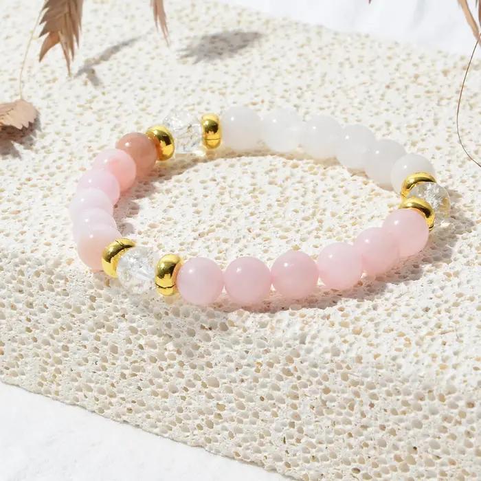 Bracelet en quartz rose naturel pour femme - Bijou perlé pour l'équilibre émotionnel, l'amour et l'é