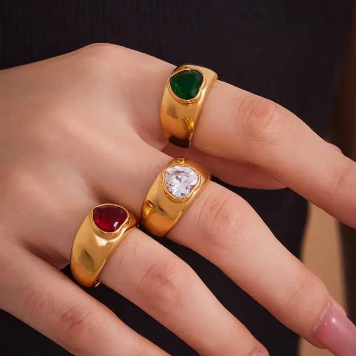 Bague en forme de cœur en Zircon rouge et vert pour femmes, en acier inoxydable 316, plaqué or, gros anneau serpent ouvert, bijoux tendance pour filles
