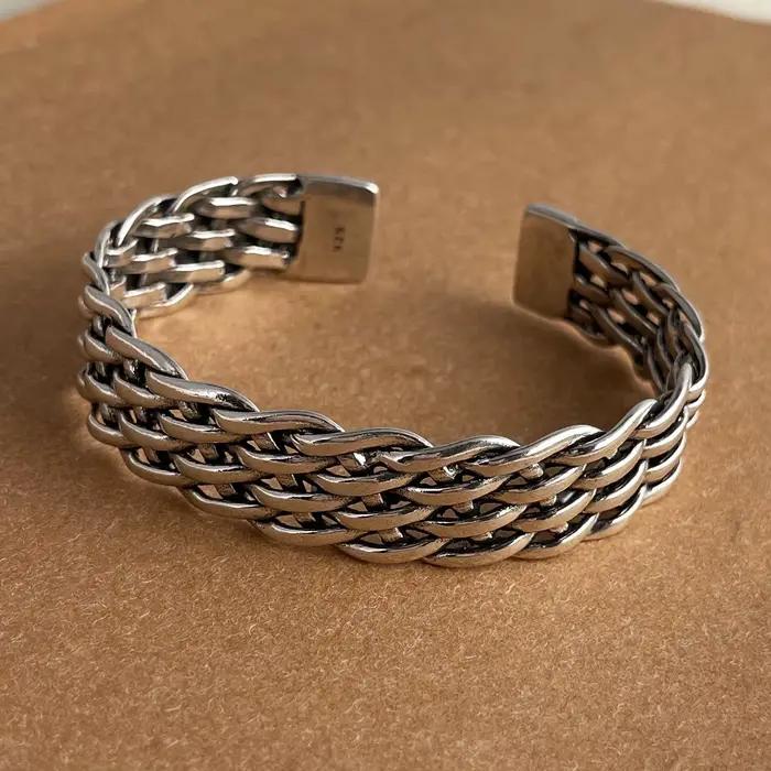 Bracelets en argent sterling 925 pour femmes, accessoires de chaîne, tendance vintage, pendentif barre large simple, bijoux de fête, cadeau