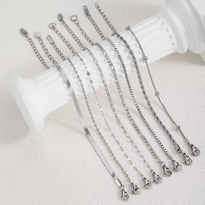 Bracelet chaîne pour femme couleur argent, bracelets empilables en acier inoxydable, cadeaux superposés résistants à l'eau