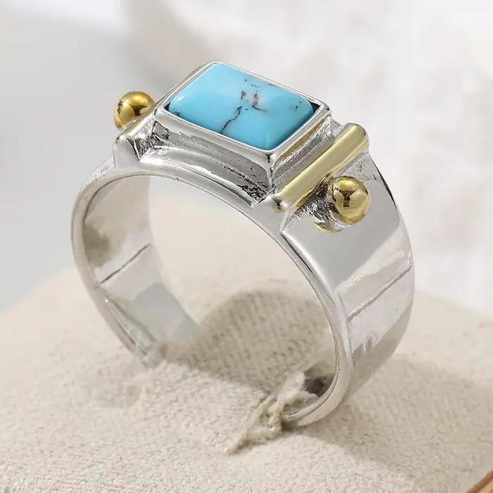 Bague élégante pour femme, bicolore, incrustée de turquoise artificielle carrée, idéale pour banquets, mariages et fiançailles, bijoux artisanaux