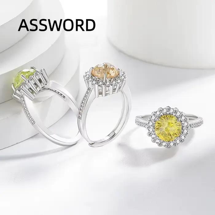 Bague en argent sterling 925 avec zircon rond taillé en forme de tournesol, double halo pavé, bande multicolore en cristal, bijoux de mariage, cadeau pour femme