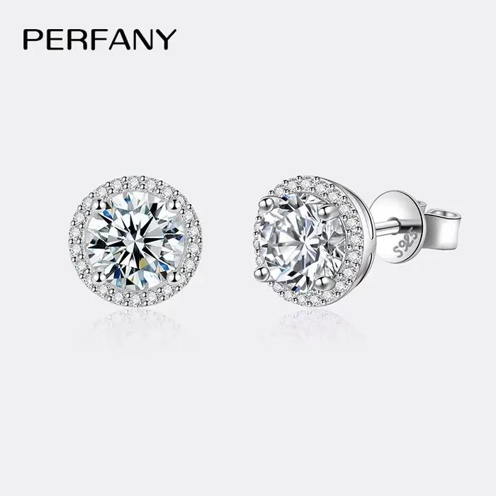PERFANY-Boucles d'Oreilles Rondes en Moissanite pour Femme, Argent Massif S925, Plaqué Or Blanc 18K,