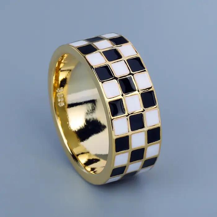 Bague coréenne en forme de goutte d'huile pour femme, anneau à carreaux noir et blanc, bijoux de mar