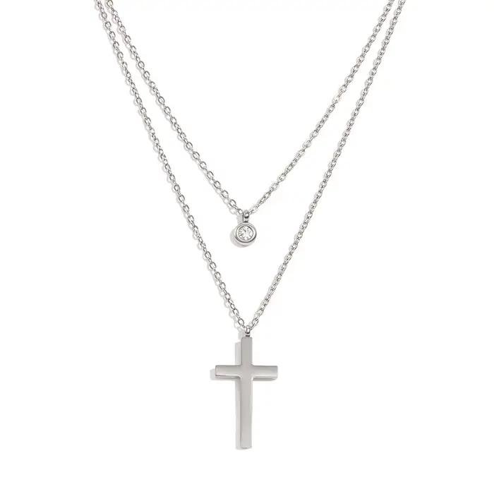 Collier superposé pour femme, double pendentif empilable avec CZ et croix, bijoux tendance en acier