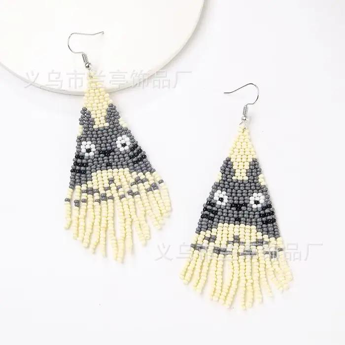 Boucles d'oreilles Totoro en perles de riz bohémien, tissées à la main, en alliage de pampilles grises et blanches, Style National, Design Original, bijoux en perles
