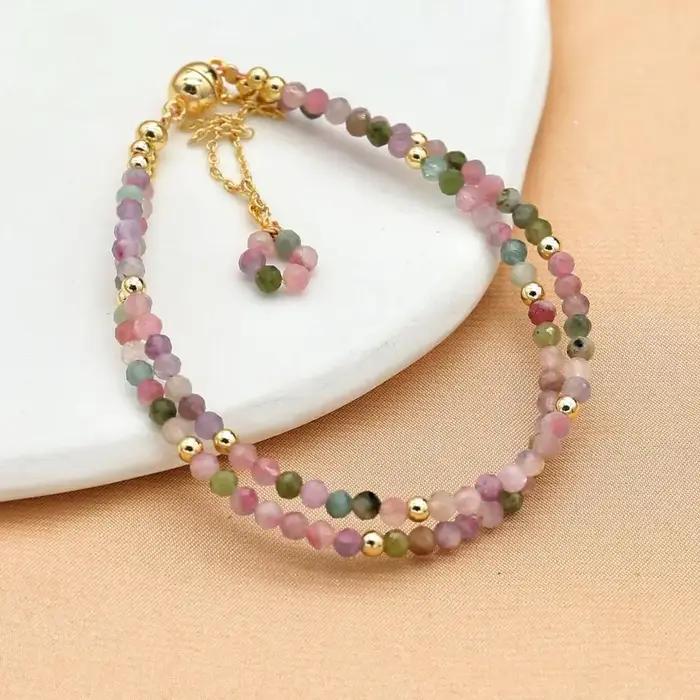 Bracelet Tourmaline Bohème Double Couche Coloré Cristal Perlé Fait Main Femmes Occasions Spéciales