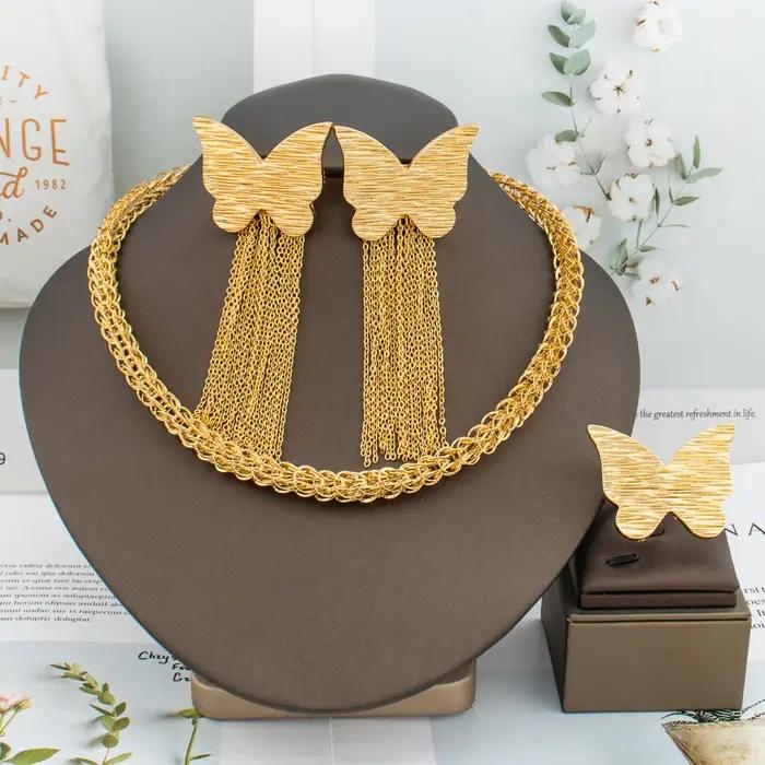 Ensembles de bijoux de luxe en or plaqué pour femmes avec bague et boucles doreilles à pampilles pour mariages et soirées élégantes
