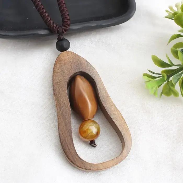 Collier Pendentif Abacus Gourd Bohème Ethnique Longue Chaîne pour Pull, Bijoux Bouddhistes, Accessoires Femme, Collier de Perles en Bois