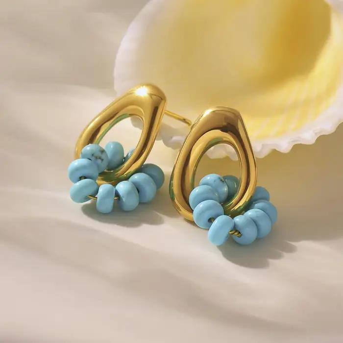 Boucles d'oreilles en perles Turquoise bleu naturel pour femmes simples plaquées or 18 carats acier inoxydable 316 bijoux féminins pour occasions spéciales