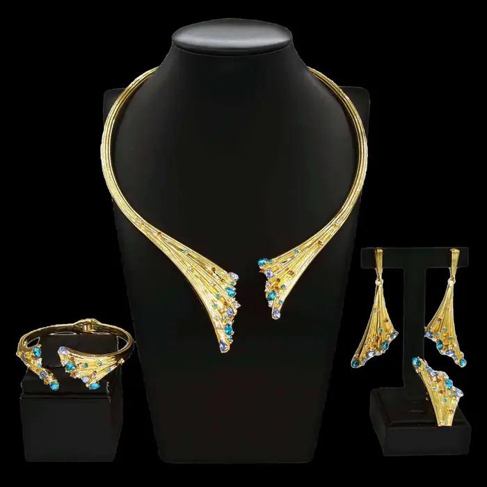 Ensemble de bijoux plaqués or SYHOL collier de luxe en pierre bleue bracelet bague pour femmes occasions spéciales mariage anniversaire