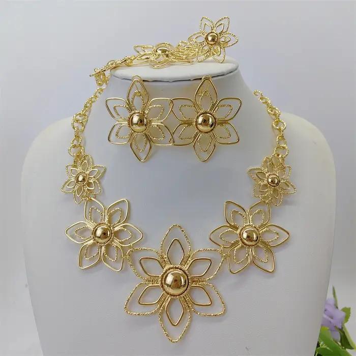 ESALE Parure de bijoux fleuris plaqués or 18 carats pour femme, ensemble de luxe complet collier boucles d'oreilles bracelet bague, idéal pour mariage et banquet 2026