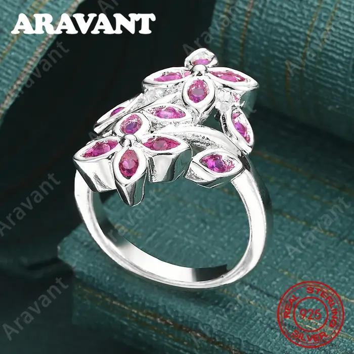 Bague trèfle à quatre feuilles en argent sterling 925 avec zircon violet - Un bijou de fiançailles frais et élégant pour femme.