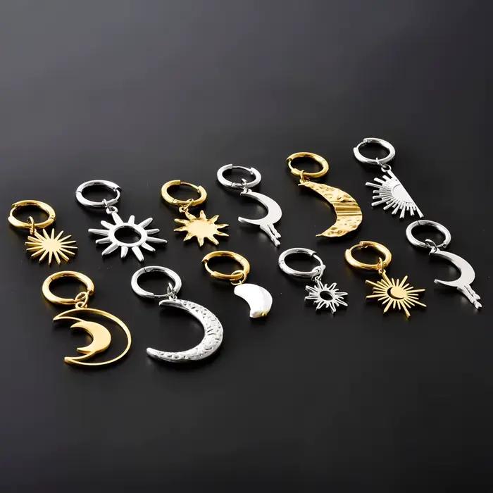 1 paire de boucles d'oreilles asymétriques soleil et lune de haute qualité, en acier inoxydable plaqué or véritable, bijoux de piercing pour femmes et hommes, cadeau tendance
