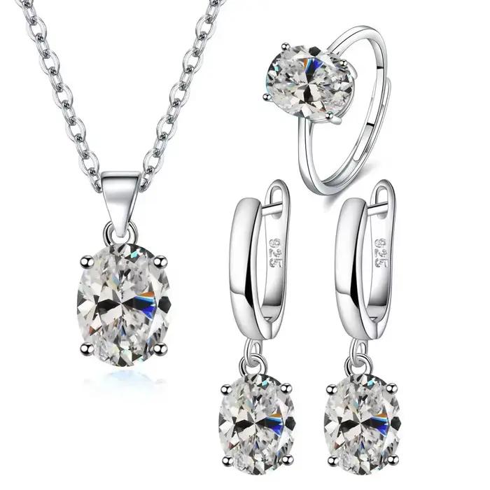 Ensemble de bijoux pour femmes en argent sterling 925 : bague ovale en zircon taillée en diamant, collier, boucles d'oreilles - Accessoires et cadeaux de luxe