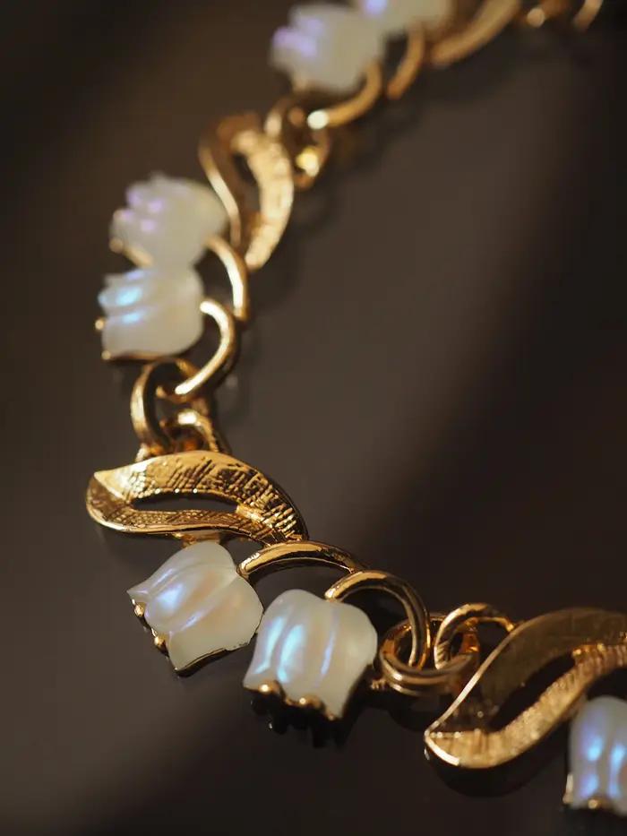 Belle Epoque Lily Of The Valley Ensemble de bijoux vintage en or 14 carats rempli de calcédoine florale
