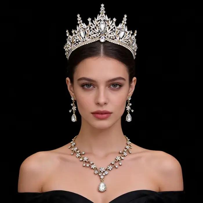 Parures de bijoux de mariée de luxe pour femmes, ensemble de 3 pièces, diadèmes et collier, boucles d'oreilles, couronne de mariage, accessoires de bijoux pour mariées