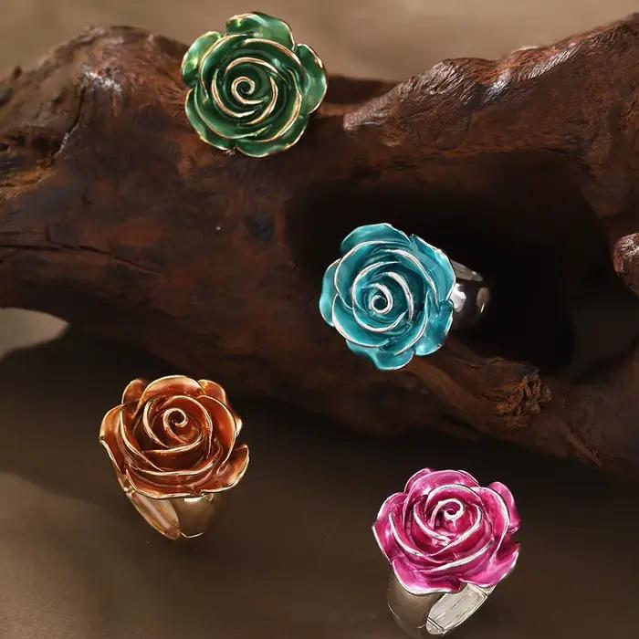 Cring Coco Rose Bague en Émail pour Femme, Breloque Élégante, Plante Réglable, Bijoux à la Mode, Cadeau de Noël