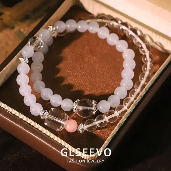 Bracelet Double cercle en Quartz Rose bleu mer, élastique fait à la main, bijoux cadeau pour femmes