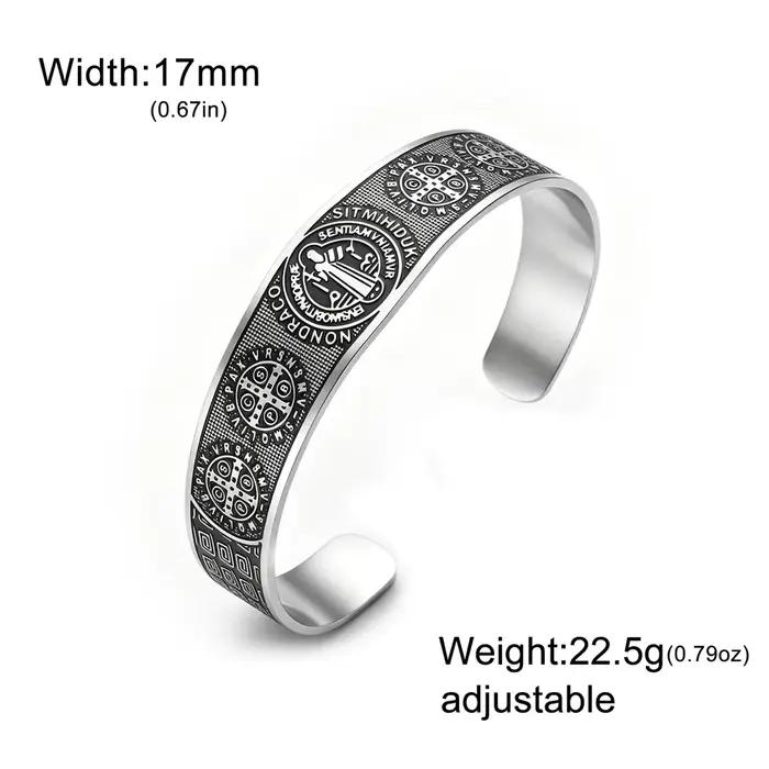Bracelet Saint Benoît pour Homme en Acier Inoxydable, Jonc Ouvert, Amulette de Protection Catholique