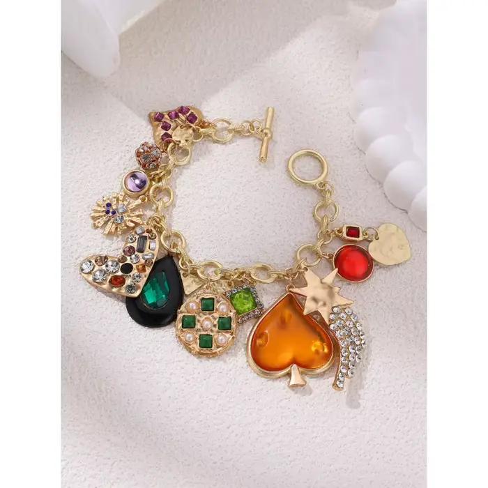 Bracelet à breloque cœur doré exagéré, orné de fleurs et de strass pour des bijoux de soirée élégants