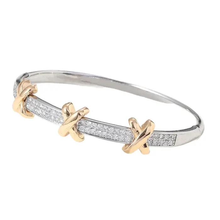 Bracelet pour femmes style rétro élégant bicolore lettre X en zircon avec rangée de perçage doré ou argent pour occasions spéciales